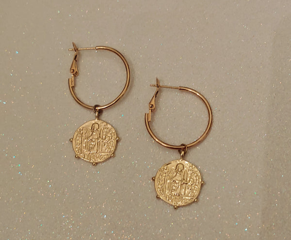 Gold Coin Hoop Earrings