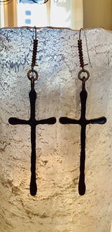 Large antique bronze cross earrings