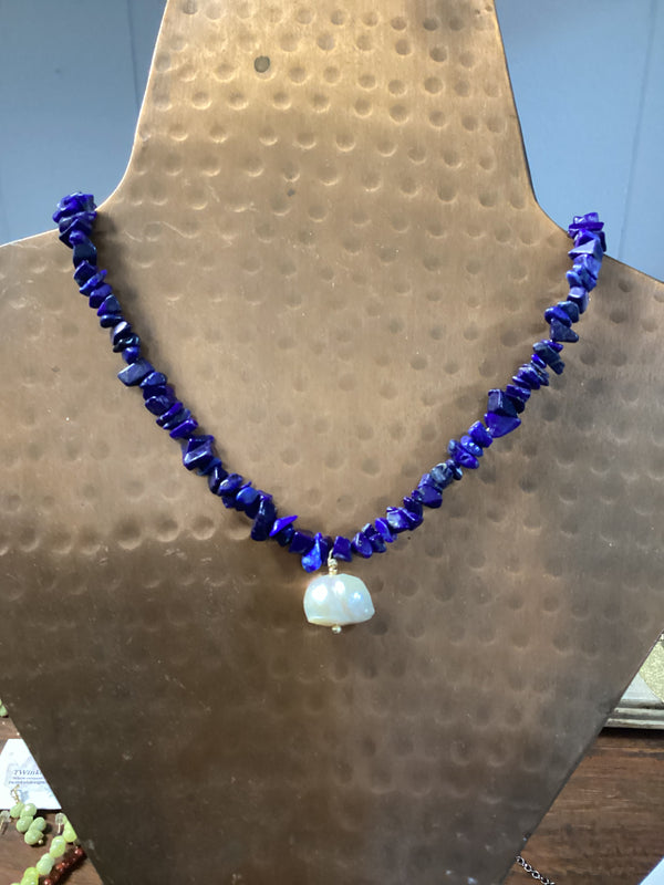 Vibrant Lapis chips & keshi pearl necklace.